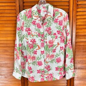 Charter Club Luxury Linen Floral Bird Print Button Down Shirt Pink Green PS